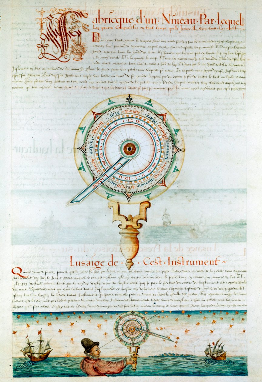 Navigationsinstrument: navigator som använder en astrolabium. Sidan hämtad från "" Les Premieres Works de Jacques Devaulx Pilot en la Marine"" av Jacques de Vaulx (1500-talet) av Jacques Devaulx