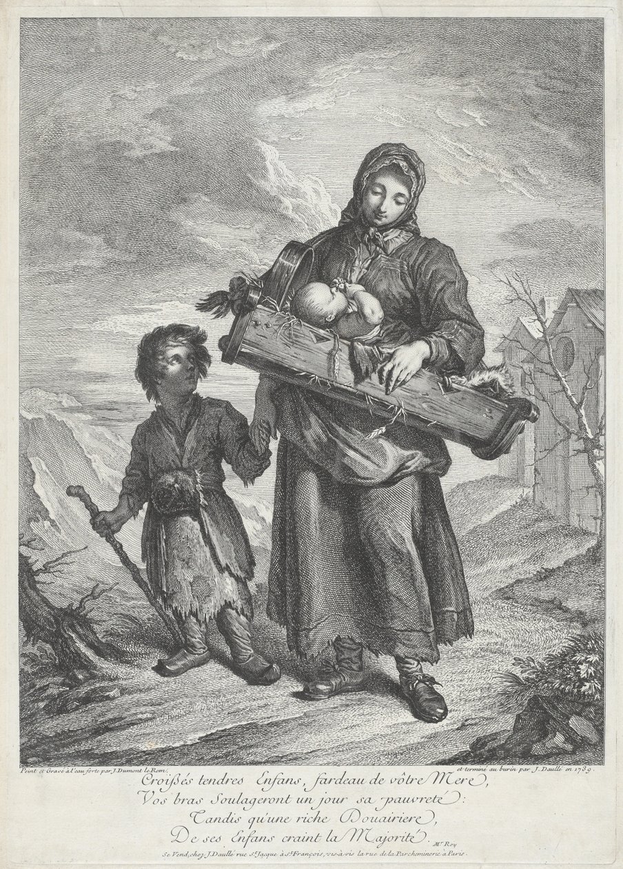 En ung mamma som bär en spjälsäng av Jacques Dumont Le Romain, finished by Jean Daullé
