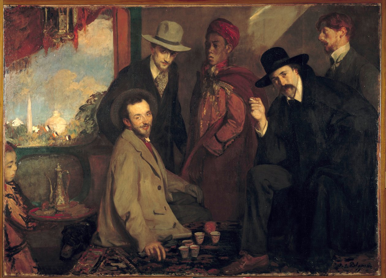 Andre Gide och hans vänner på caféet Maure of the World Exposition of 1900 (Eugene Rouart; Charles Chanvin; Athman Ben Salah; Henri Gheon) Målning av Jacques Emile (Jacques-Emile) Blanche (1861-1942) 1900 Sön. 1,56x2,2 m Rouen, Musee des Beaux Arts av Jacques Emile Blanche
