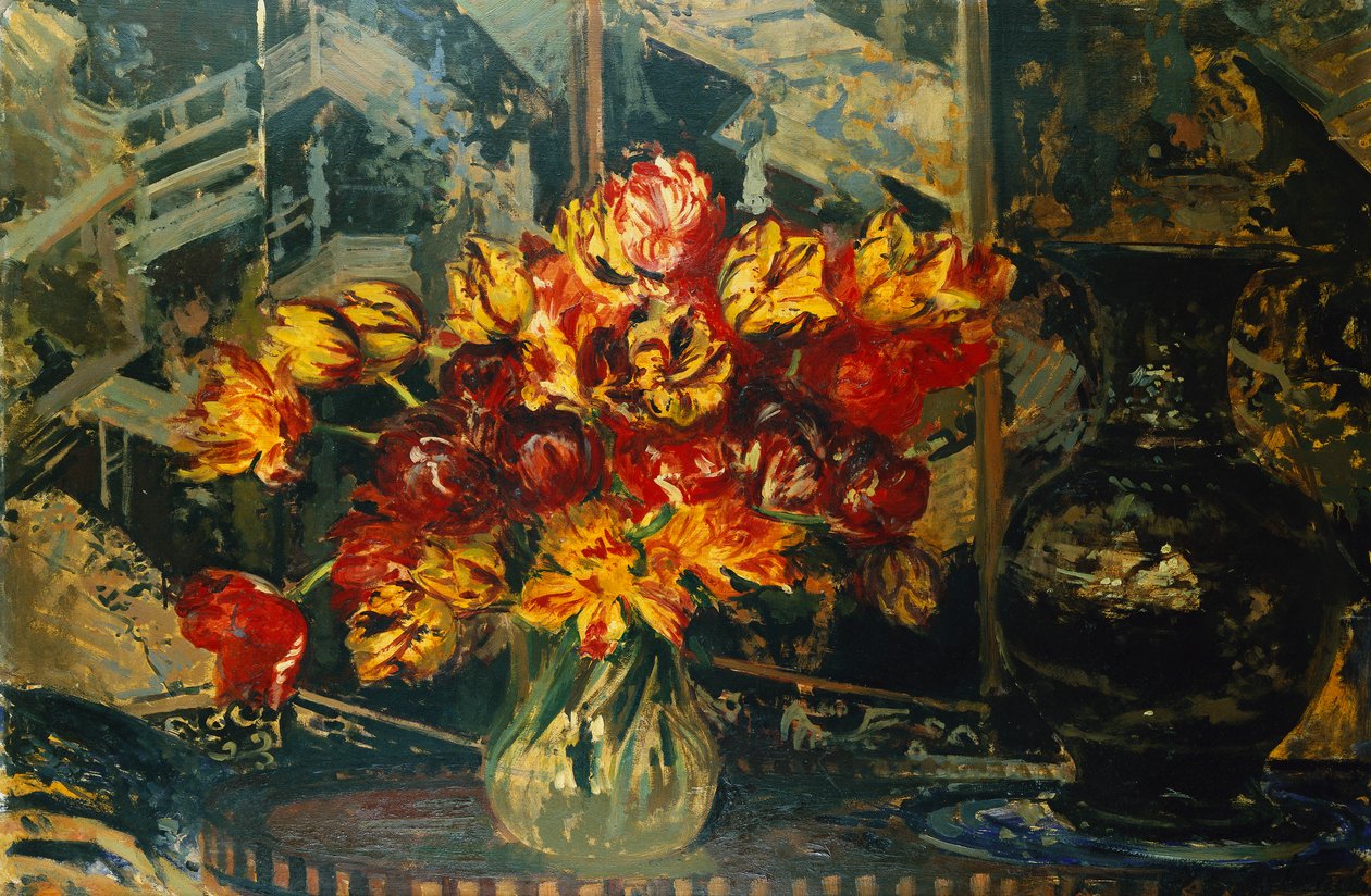 En massa tulpaner och en skärm; Bouquet de Tulipes au Paravent, av Jacques Emile Blanche