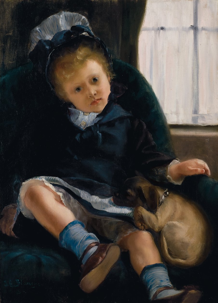 Flicka med valp, ca 1882-1883 av Jacques Emile Blanche