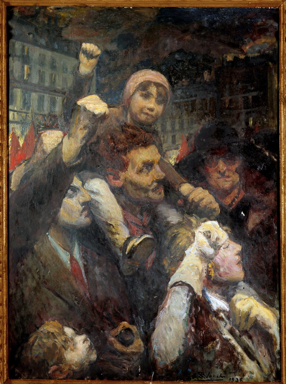 Folkfronten: "" Folklig demonstration i Paris 1938"" Parisare i alla åldrar höjer näven som ett tecken på vänsterpolitiskt engagemang på Paris gator. Målning av Jacques Emile (Jacques-Emile) Blanche (1861-1942) 1938 Sön. 1,15x0,42 m Pa av Jacques Emile Blanche