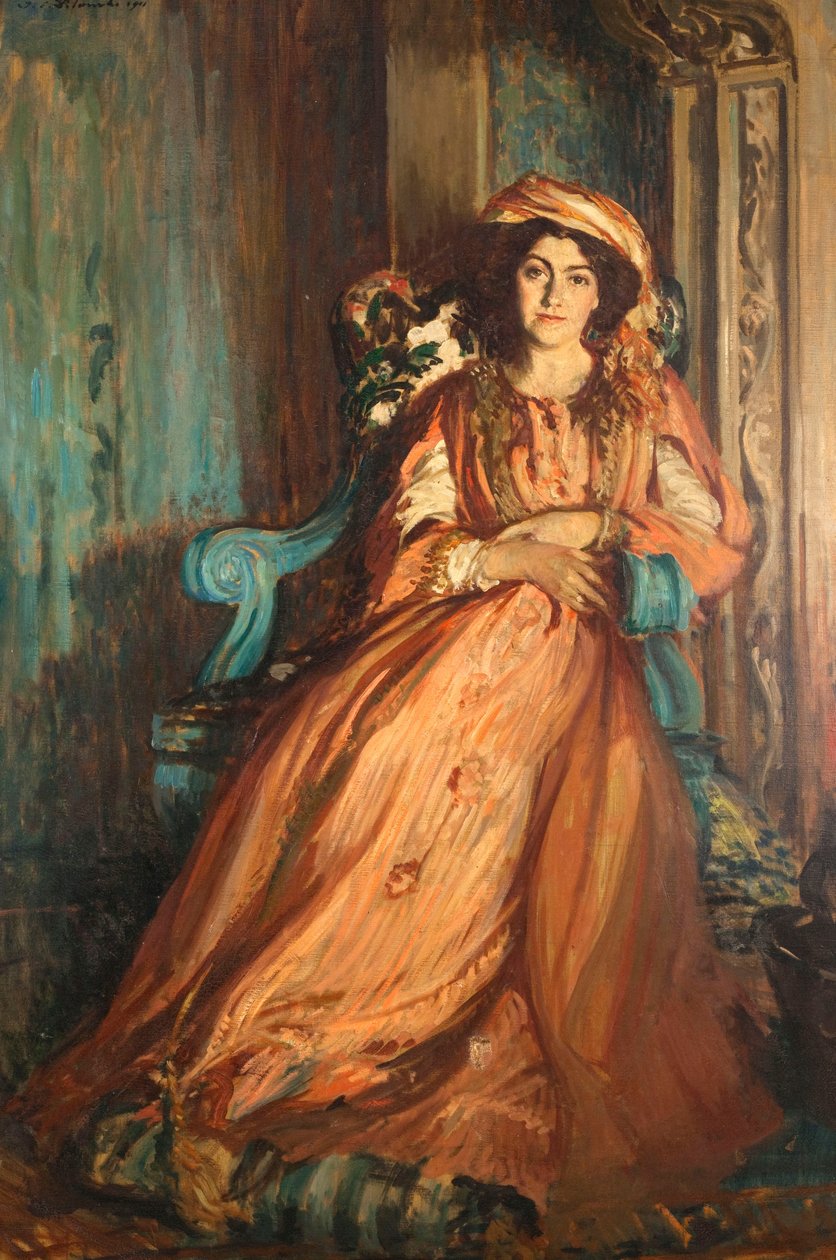 Porträtt av Mabel Dodge Luhan 1879-1962 i Villa Curonia nära Florens, 1911. av Jacques Emile Blanche