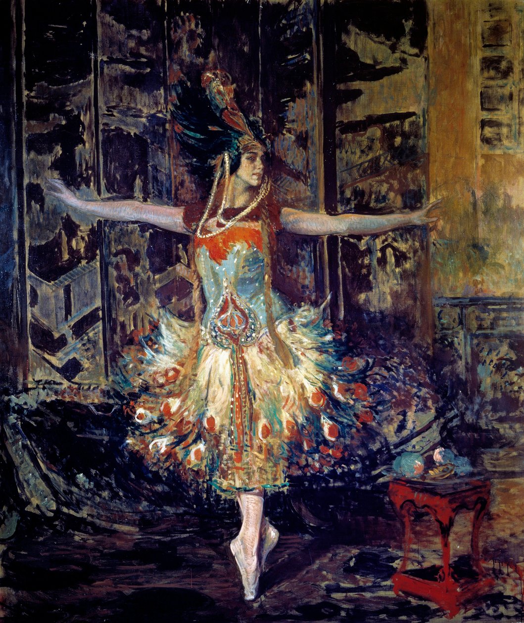Den ryska dansaren Tamara Karsavina (1885-1978) i balett "Fire Bird"" komponerad av Igor Stravinsky (Stravinsky) av Jacques Emile Blanche