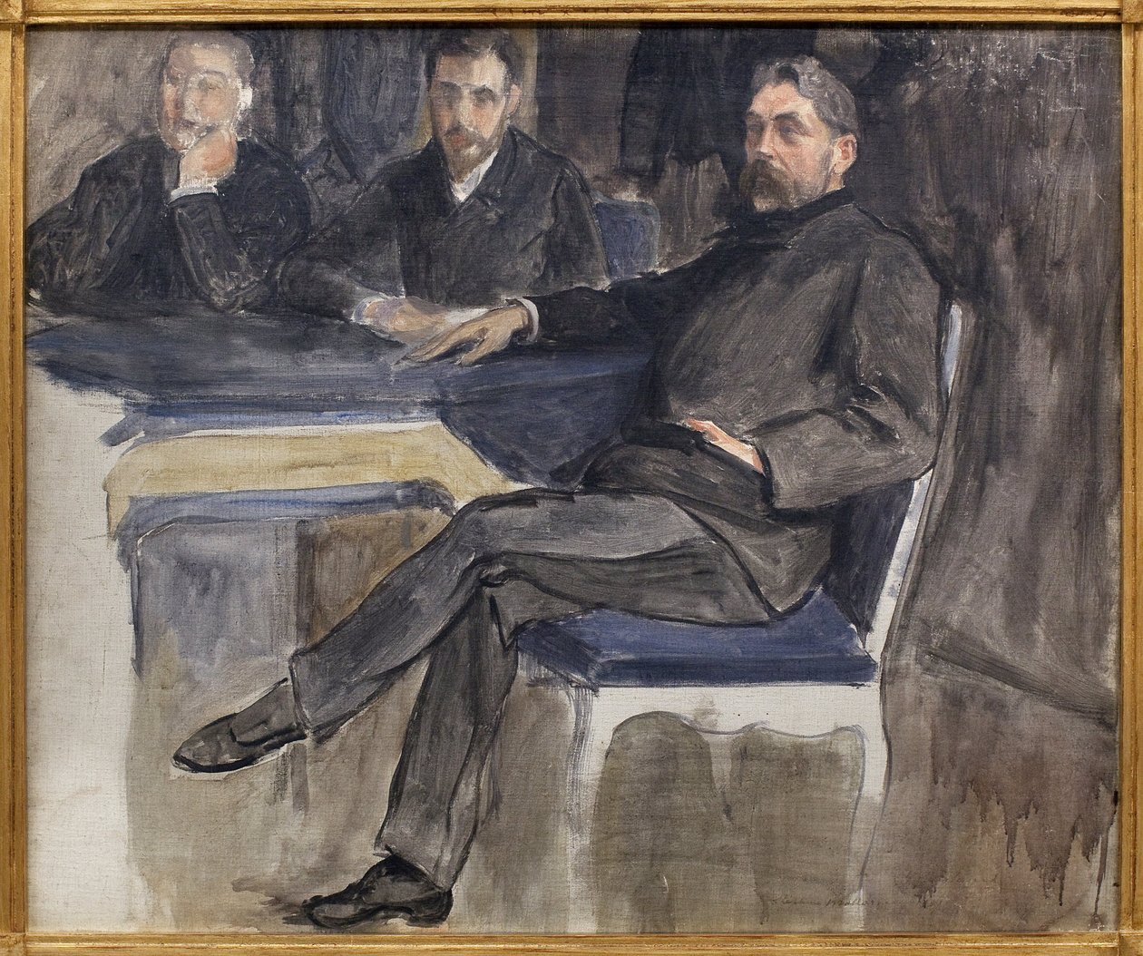Studera för porträttet av Stephane Mallarme (1842-1898) och hans vänner från La Revue Independante. Målning av Jacques Emile Blanche (1861-1942), olja på duk av Jacques Emile Blanche