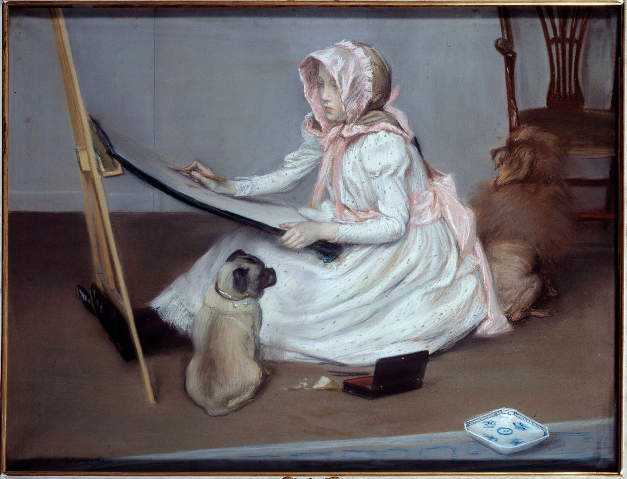 Teckning av ung flicka Målning av Jacques Emile (Jacques-Emile) Blanche (1861-1942), 1900-talet. Rouen, Musee des Beaux Arts. av Jacques Emile Blanche