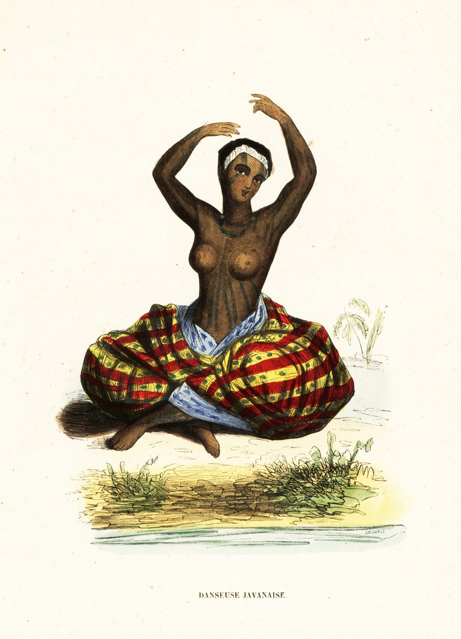 Tatuerad och barbröstad ung kvinna som dansar en hula sittande på marken av Jacques Etienne Victor (after) Arago