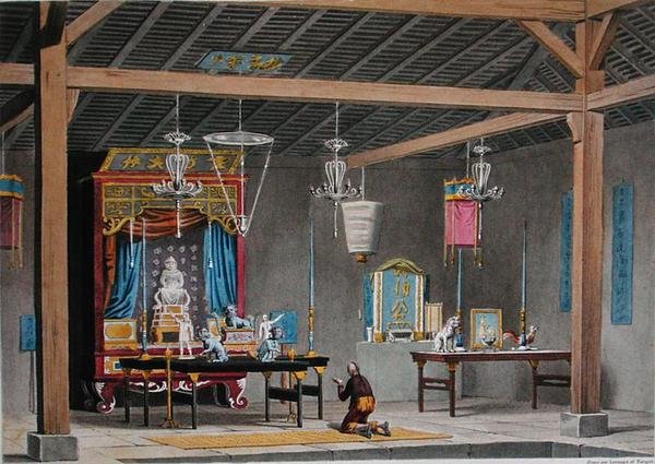 Vy över interiören av det kinesiska templet i Coupang, Timor, från 