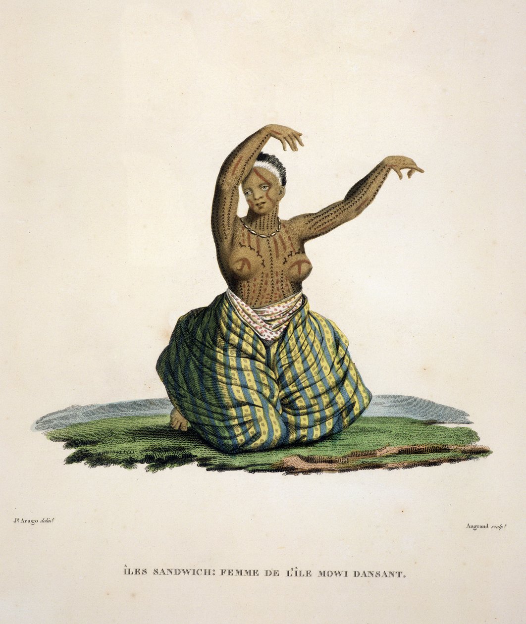 Dansande kvinna från ön Maui, på Hawaiiöarna, graverad av Parfait Augrand (f.1782) av Jacques Etienne Victor Arago