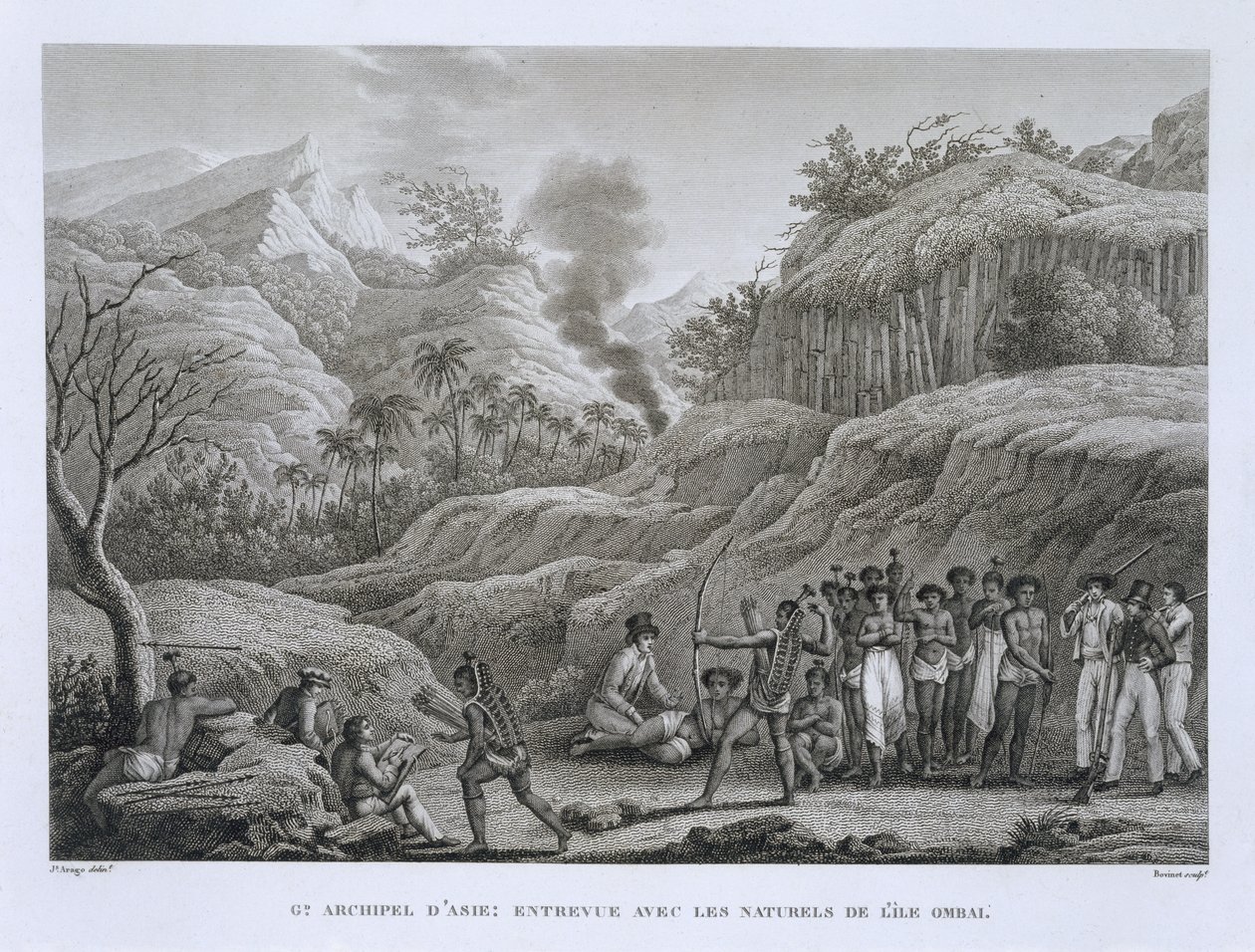Stora asiatiska skärgården: Franska upptäcktsresande med infödda på ön Ombai, från Voyage Autour du Monde (1817-20), av Louis Claude De Saulces de Freycinet (1779-1842) graverad av Bovinet, publicerad av Jacques Etienne Victor Arago