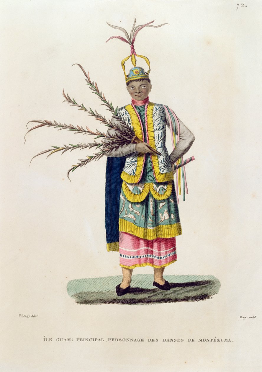 Island of Guam: Huvudperson från Montezumas danser, från "Voyage Around the World on the Corvettes of Urania 1817-20" graverad av Roger, publicerad 1825 av Jacques Etienne Victor Arago