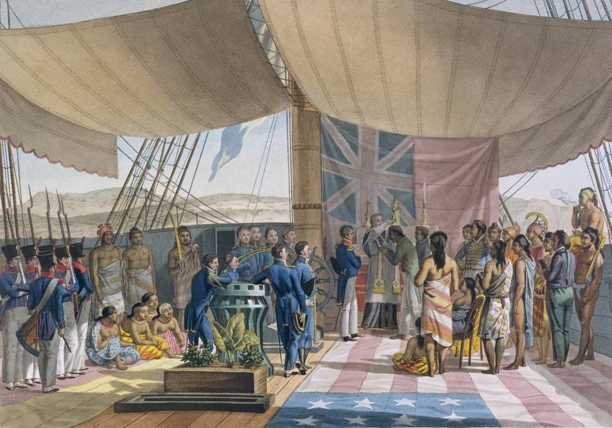 Sandwichöarna: Konungarnas premiärministers dop ombord på Uranie, från Voyage Autour du Monde sur les Corvettes de LUranie 1817-20 graverad av Lerouge and Forget, publicerad 1825 ( av Jacques Etienne Victor Arago