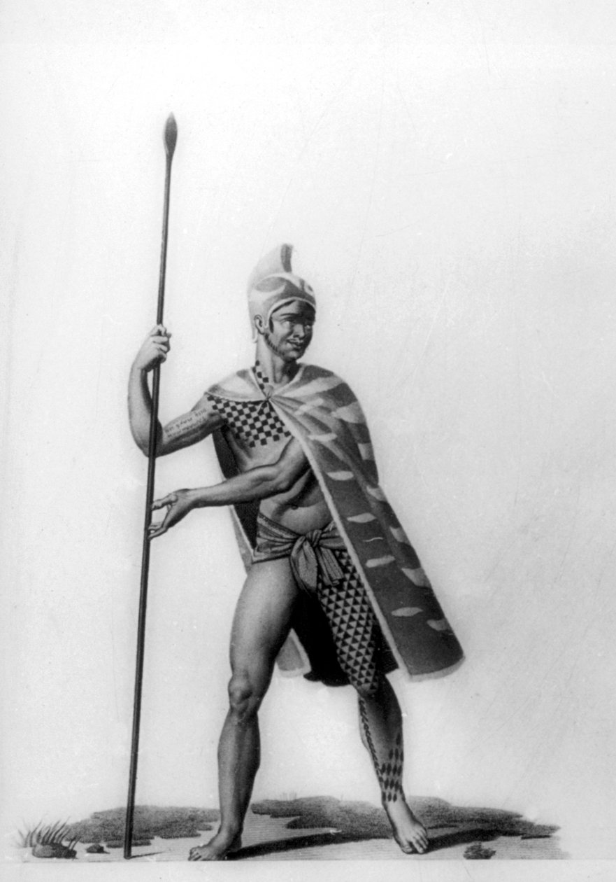 Ung officer klädd i en typisk kostym från malo, Hawaii, 1819 av Jacques Etienne Victor Arago