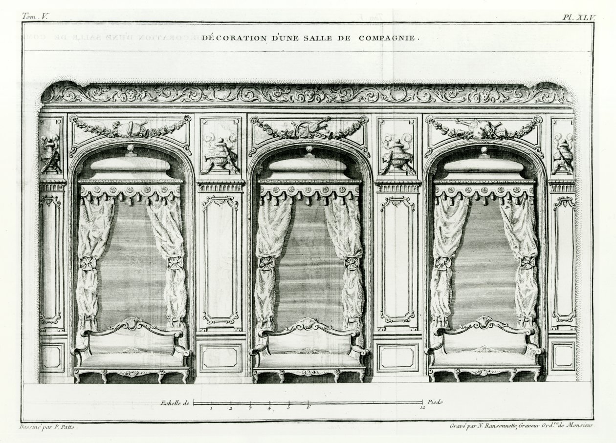 En smart parisisk salong, tidigt 1770 från Cours dArchitecture, Paris, publicerad i 6 volymer från 1771-77 av Blondel, Jacques-Francois (1705-74) Serien färdigställd av Pierre Patte efter hans död, av Jacques François Blondel