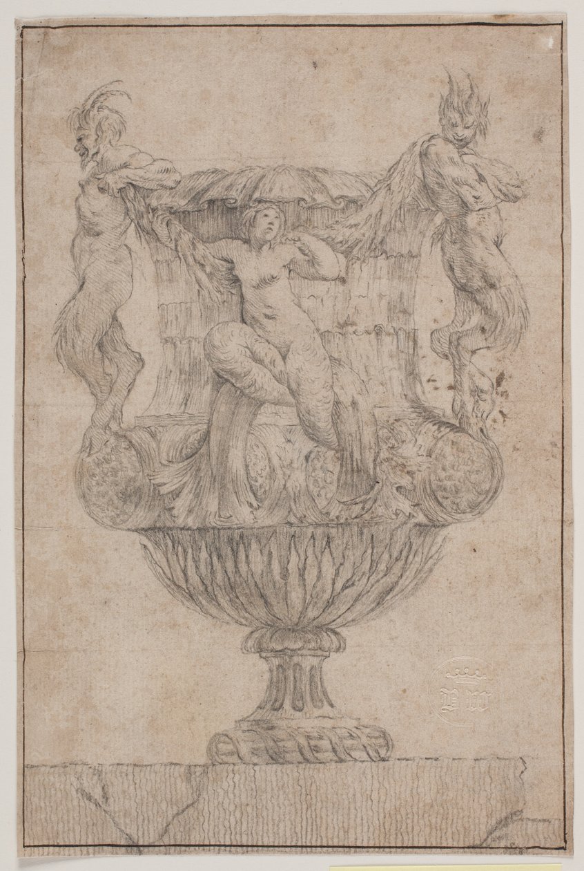 Prydnadsvas med Pan, faun och nymf. Kopia efter Pl. 14 i sviten med vaser designade av Saly 1746. "Vasa a se inventa..." av Jacques Francois Joseph Saly