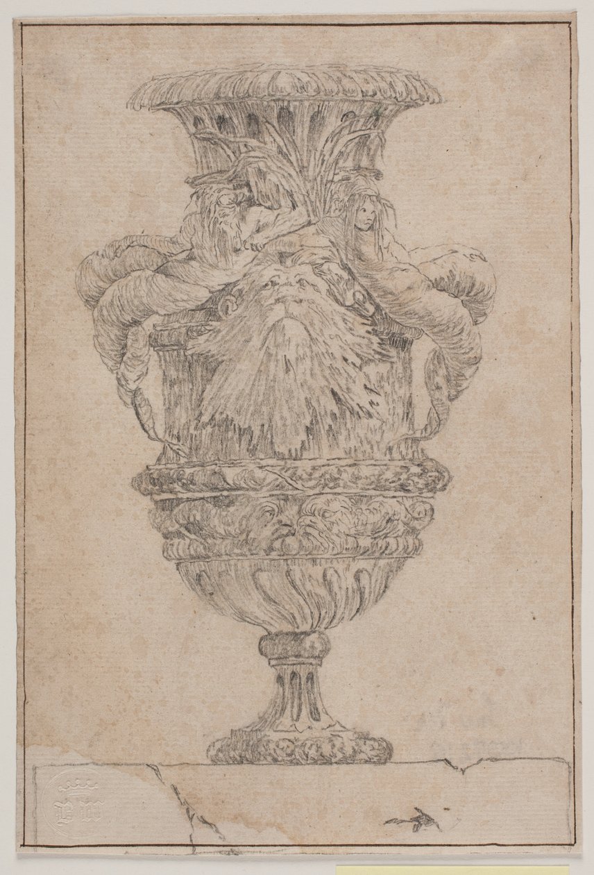 Prydnadsvas med stort huvud, havsgud och vattennymf. Kopia efter Pl. 26 i sviten med vaser designade av Saly 1746. "Vasa a se inventa..." av Jacques Francois Joseph Saly