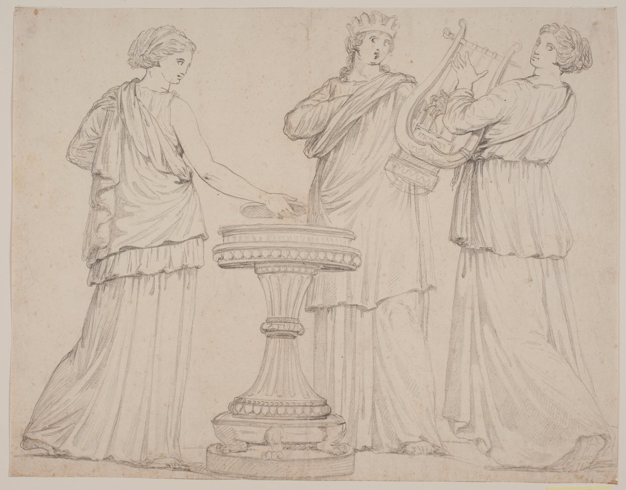 Tre kvinnor i grekiska dräkter vid ett altare. Kvinnan t.v. med en tablett (?), i mitten med en krona, t.h. med en lyra (terpsichore?) av Jacques Francois Joseph Saly