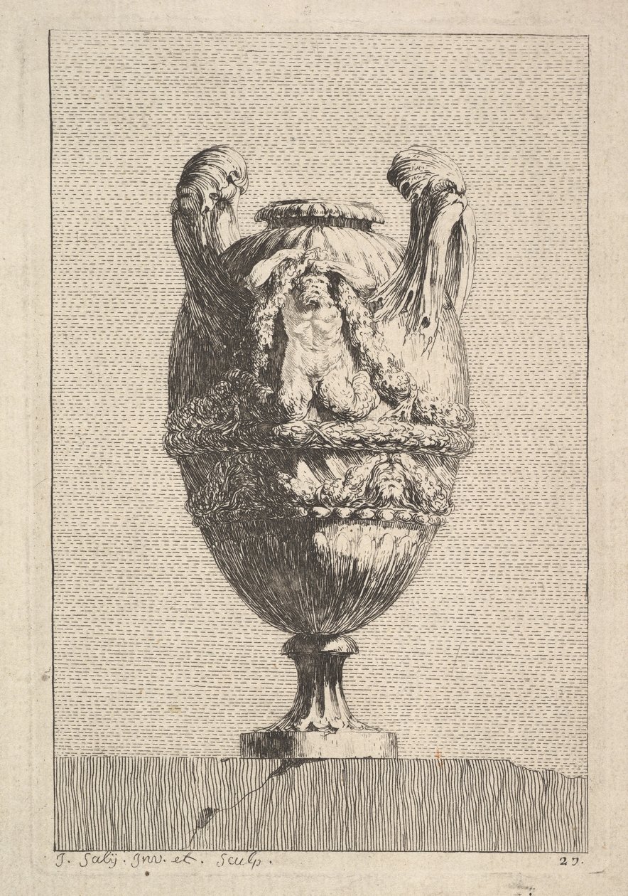 Vas med en manlig siren som håller upp en girland, från: Vaser, 1746. av Jacques Francois Joseph Saly
