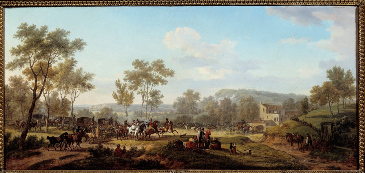 Ett lopp i närheten av Longchamps Attelages och ryttare på den parisiska landsbygden. Målning av Jacques Francois Joseph Swebach Dit Fontaine (eller Desfontaines av Jacques Francois Joseph Swebach