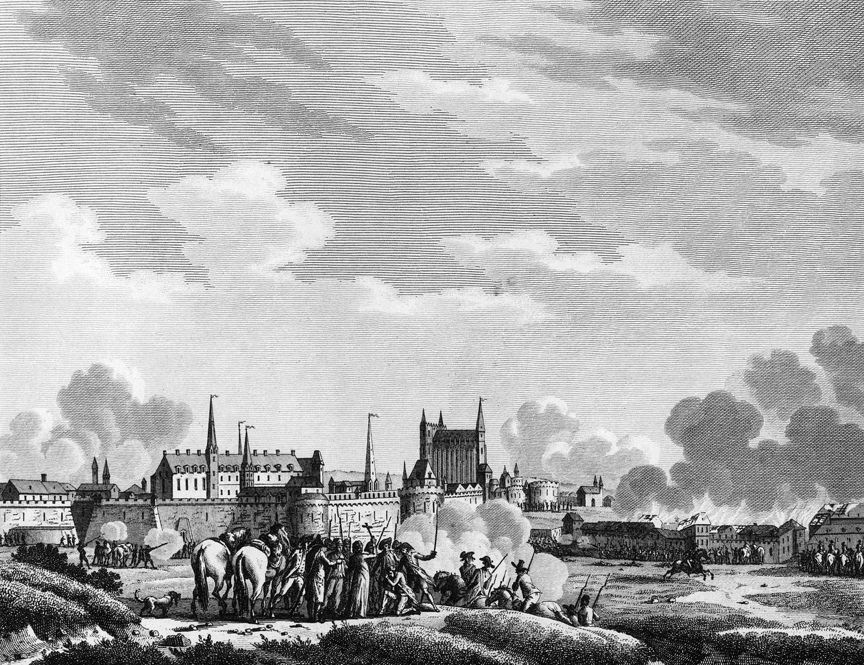 Franska revolutionen: Vendeens attack mot Nantes den 29 juni 1793. Gravyr av Berthaut efter Swebach Paris, biblioteket vid Institutet för revolutionshistoria av Jacques Francois Joseph Swebach