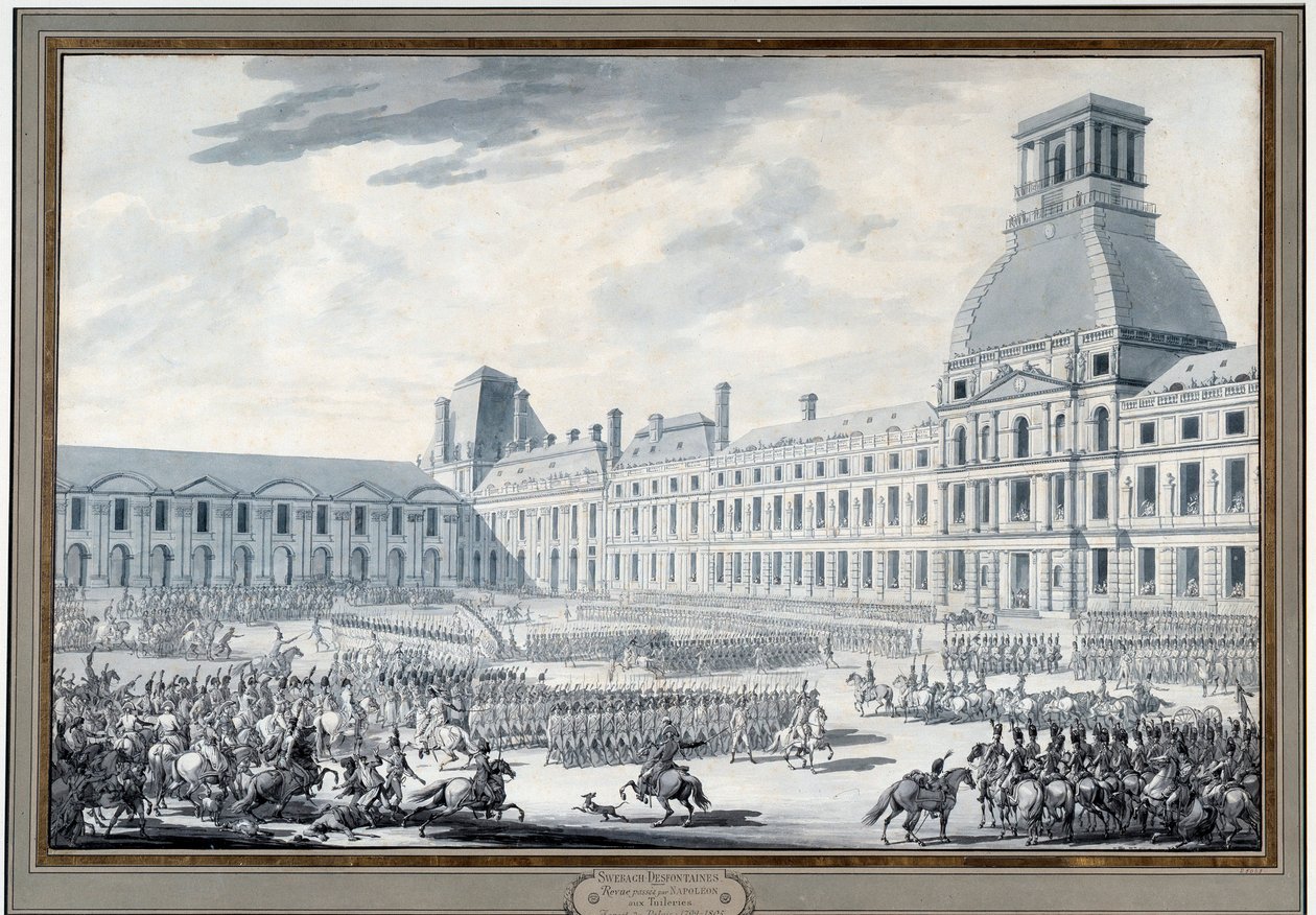 Revue des troupes av Napoleon Bonaparte (1769-1821) vid Tuilerierna Gravyr av Jacques Swebach dit Fontaine (1769-1823) 1800-talets Paris, Musee Carnavalet av Jacques Francois Joseph Swebach