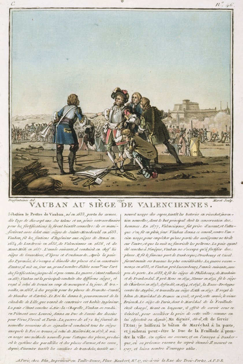 Sebastien le Prestre de Vauban (1633-1707) vid belägringen av Valenciennes (1677), graverad av Jean Baptiste Morret (fl.1790-1820), 1790 (färgad litografi) av Jacques Francois Joseph Swebach