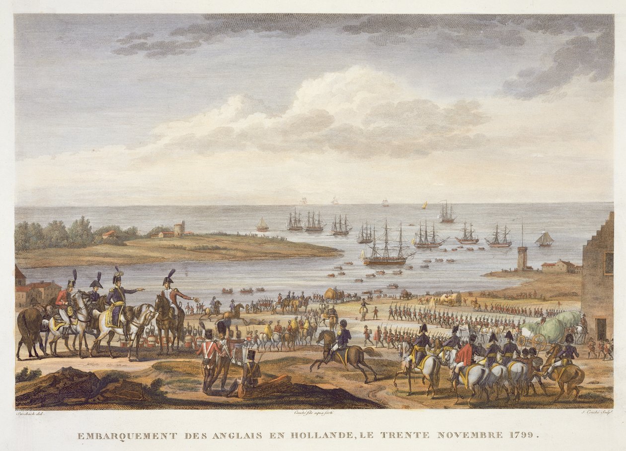 Engelsmännens embarkering i Holland, 30 november 1799, graverad av Louis Francois Couche (1782-1849) (akvatint) av Jacques Francois Joseph Swebach