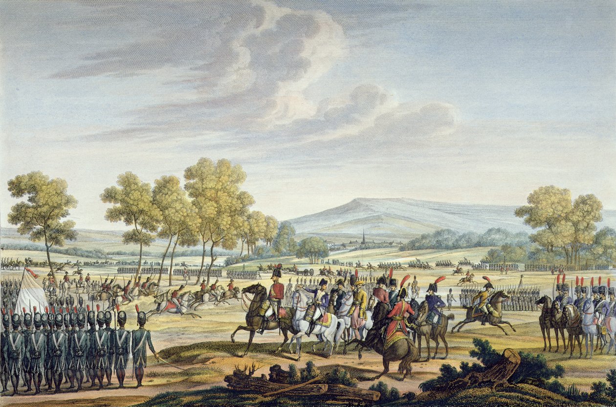 Det kejserliga gardet manövrerar i närvaro av de två kejsarna i Tilsit, 28 juni 1807, graverat av Edme Bovinet (1767-1832) (akvatint) av Jacques Francois Joseph Swebach