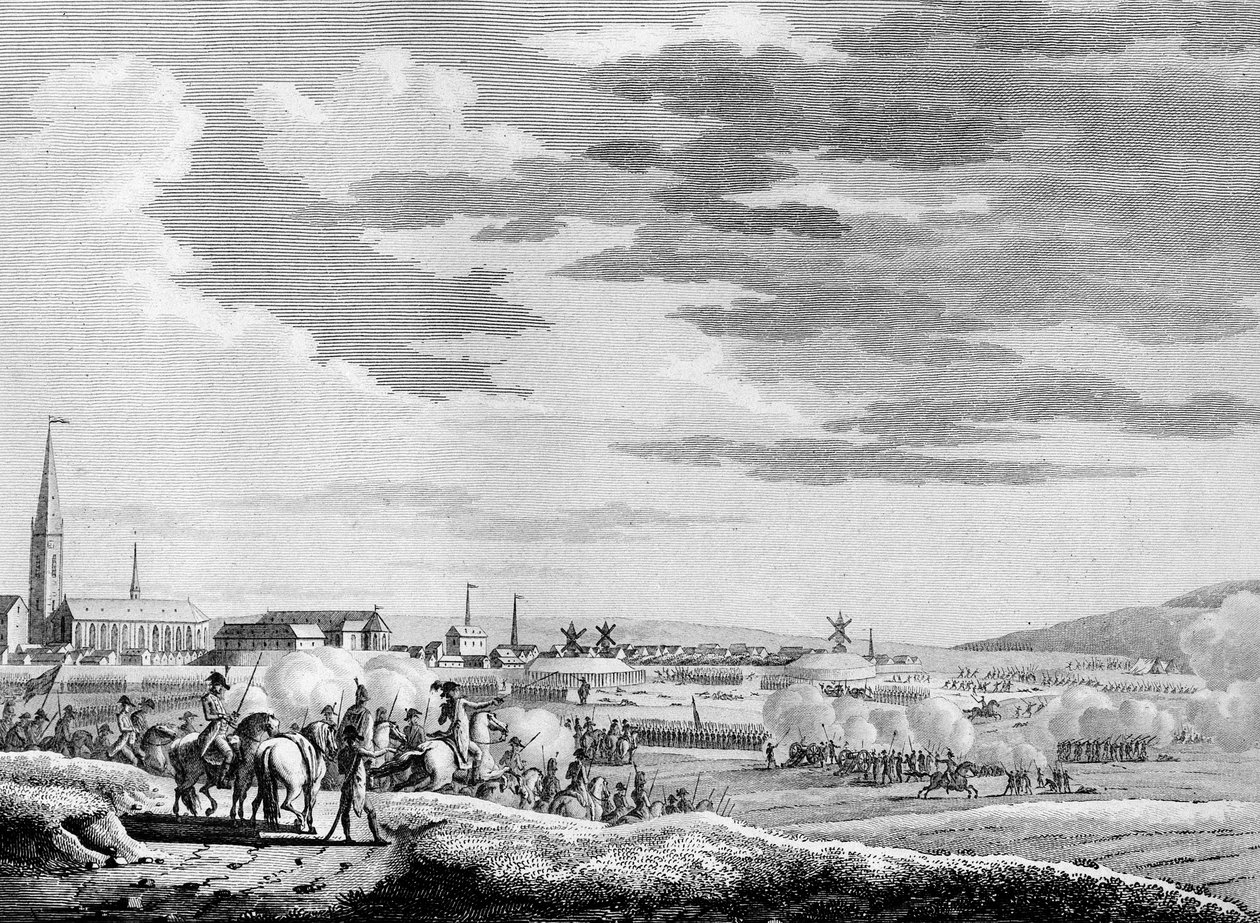 Franska revolutionens krig och antirevolutionära rörelser: Fransk seger i slaget vid Hondschoote nära Dunkerque mot de brittiska och österrikiska antirevolutionära trupperna 1793. Gravyr av Berthaut efter Swebach. Paris, Institutets bibliotek av Jacques Francois Joseph Swebach