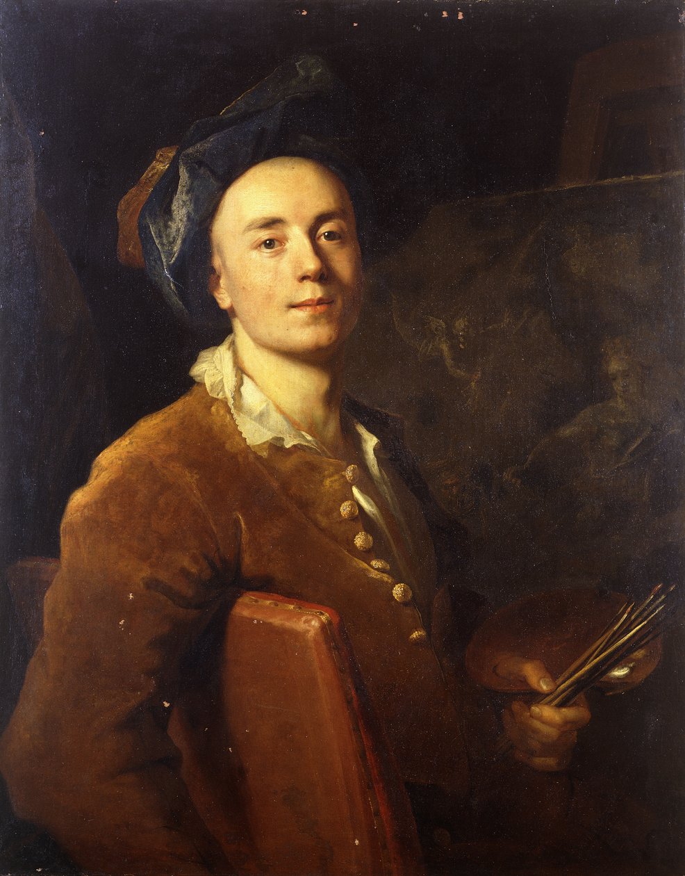 Porträtt av konstnären, sittande halvlängd, med en palett och penslar, ca 1710-15 av Jacques François Delyen