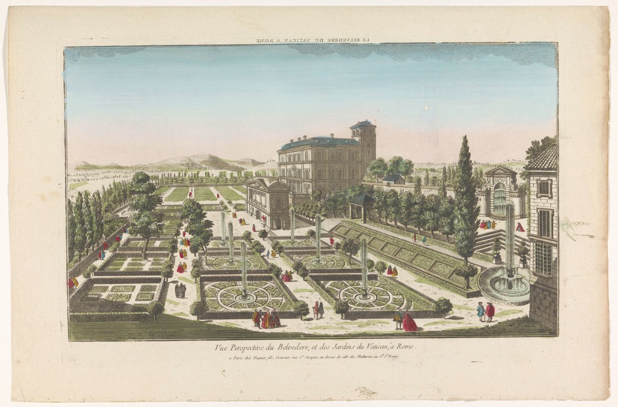 Utsikt över Giardini Vaticani i Vatikanstaten Le Belvedere du Vatican a Rom (titel på objekt) av Jacques Gabriel Huquier
