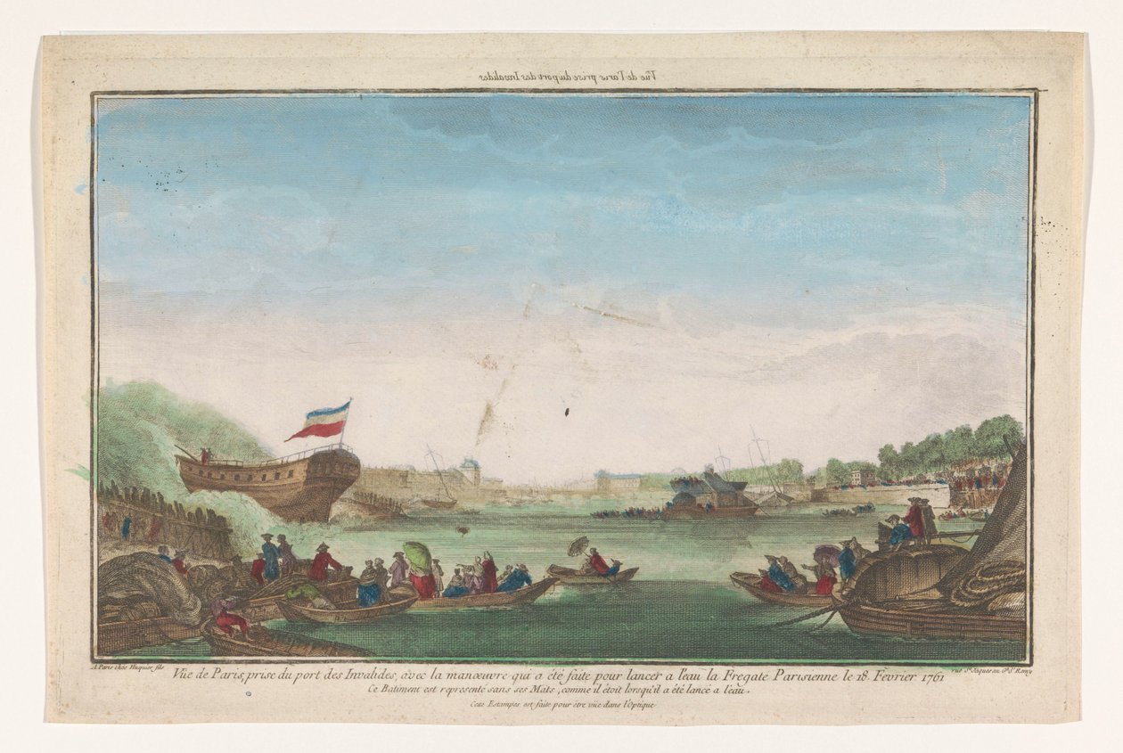 Utsikt över Port des Invalides i Paris med Parisfregattens bortgång den 18 februari 1761 Vüe ​​​​de Paris prize du Port des Invalides (titel på objekt) av Jacques Gabriel Huquier