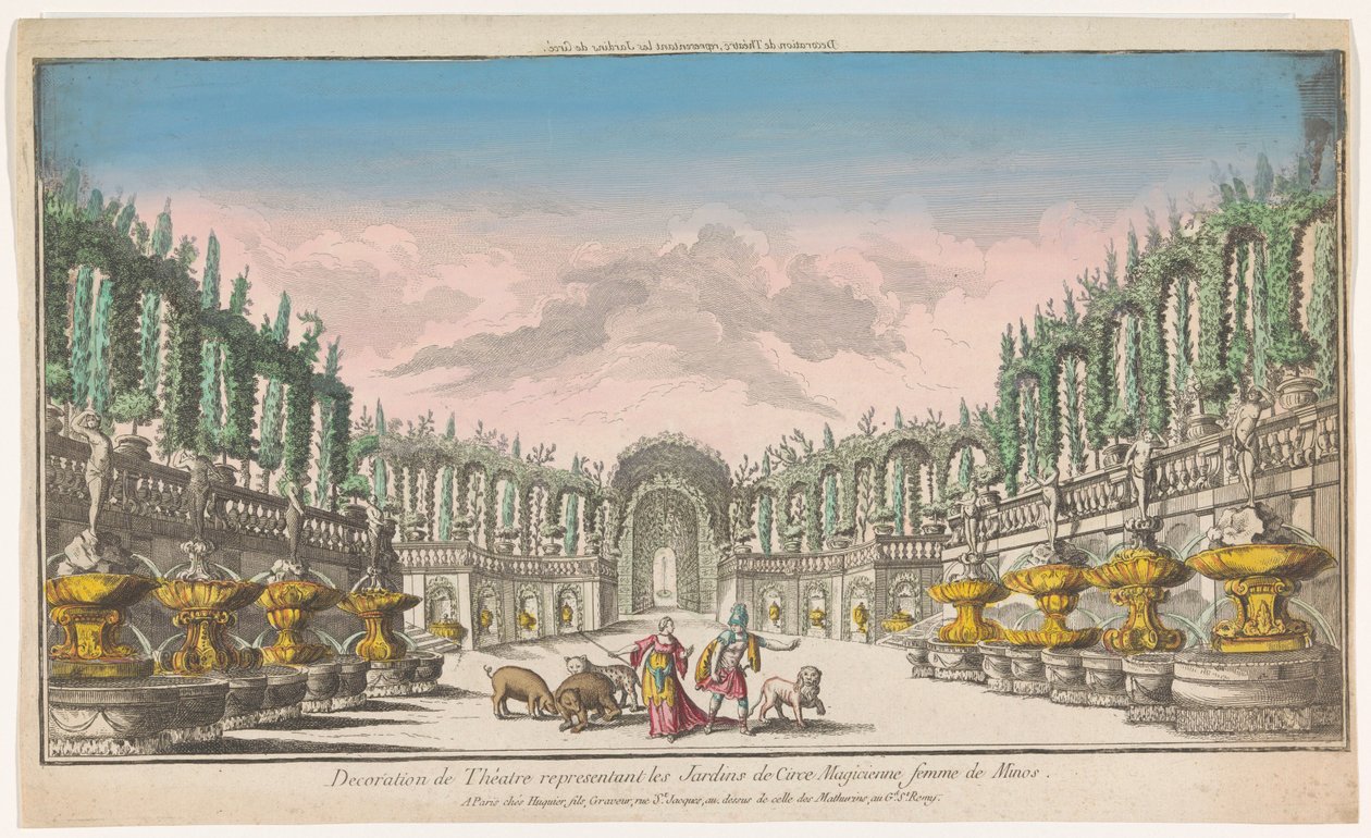 Utsikt över Circe .s trädgård Decoration de théatre, representativ les jardins de Circe (titel på objekt) av Jacques Gabriel Huquier