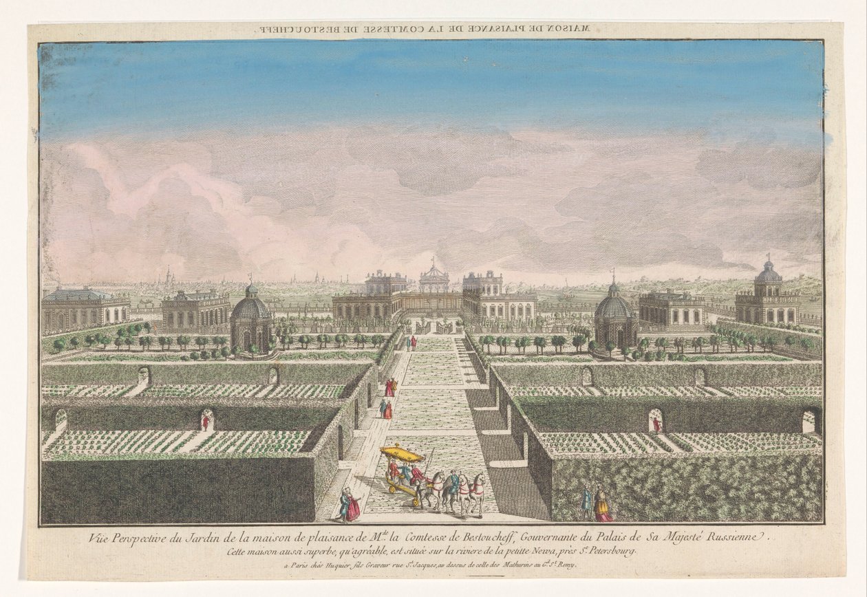 Utsikt över trädgården på grevinnan av Bestoucheffs hus på landet nära staden Sankt Petersburg Maison de plaisance de la comtesse de Bestoucheff (titel på objekt) av Jacques Gabriel Huquier