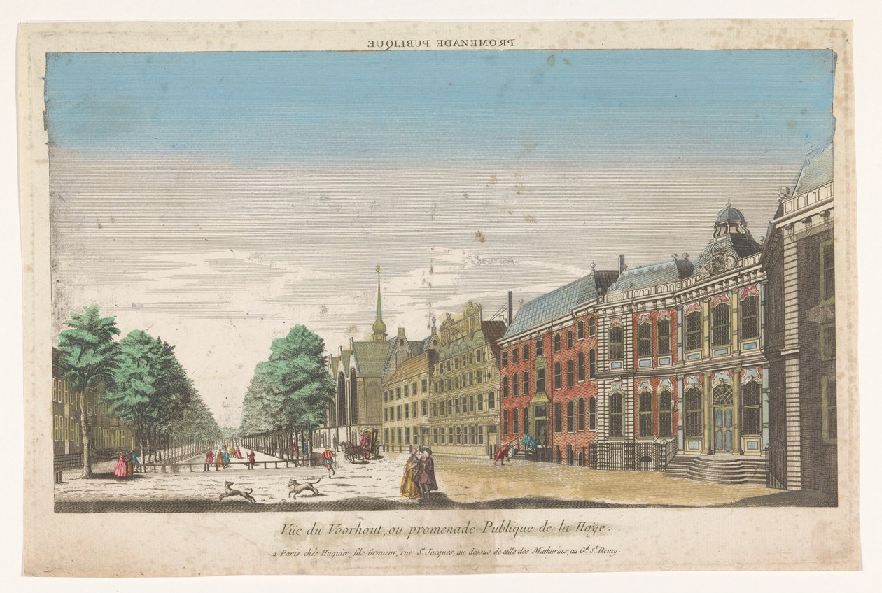 Utsikt över Lange Voorhout i Haag Promenade publique (titel på objekt) av Jacques Gabriel Huquier