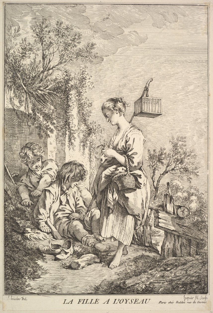 Flicka med en fågel, mitten till slutet av 1700-talet. av Jacques Gabriel Huquier