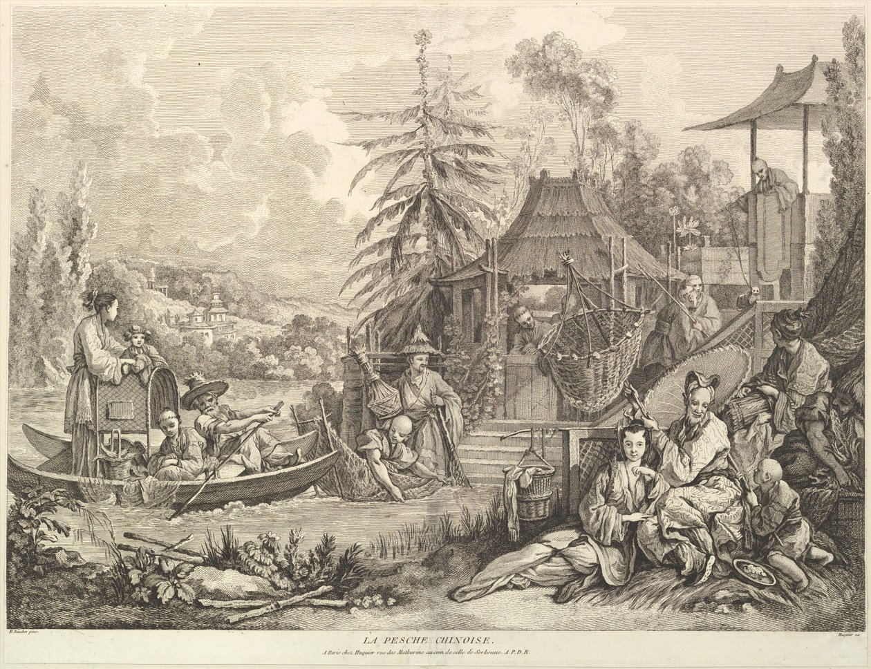 La pesche chinoise kinesiskt fiske, från Chinoseries, efter 1743. av Jacques Gabriel Huquier