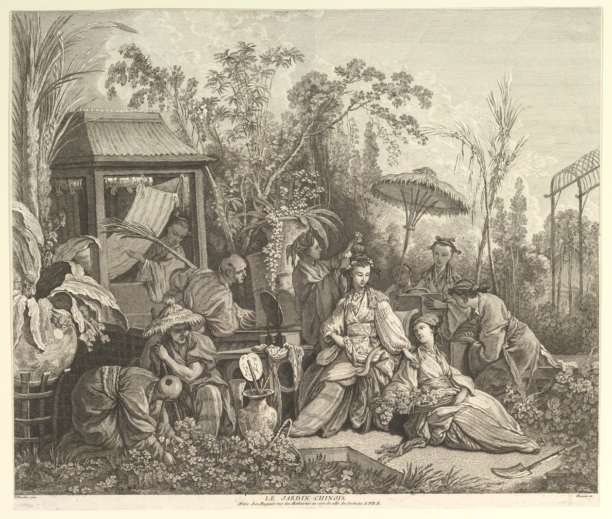 Den kinesiska trädgården, från Chinoseries, efter 1743. av Jacques Gabriel Huquier