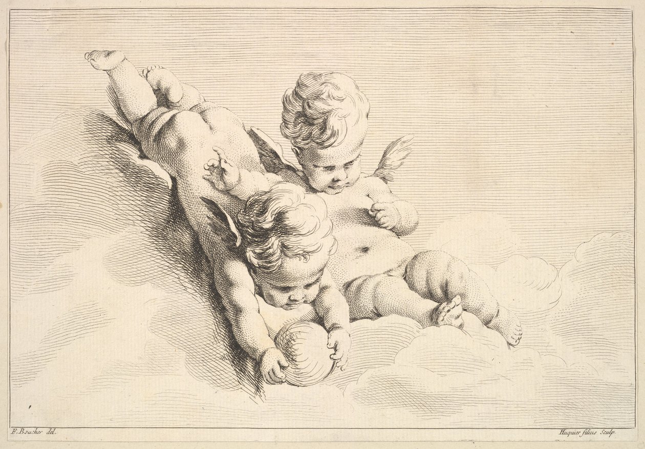 Two Cupids, One Holding a Ball, mitten till slutet av 1700-talet. av Jacques Gabriel Huquier