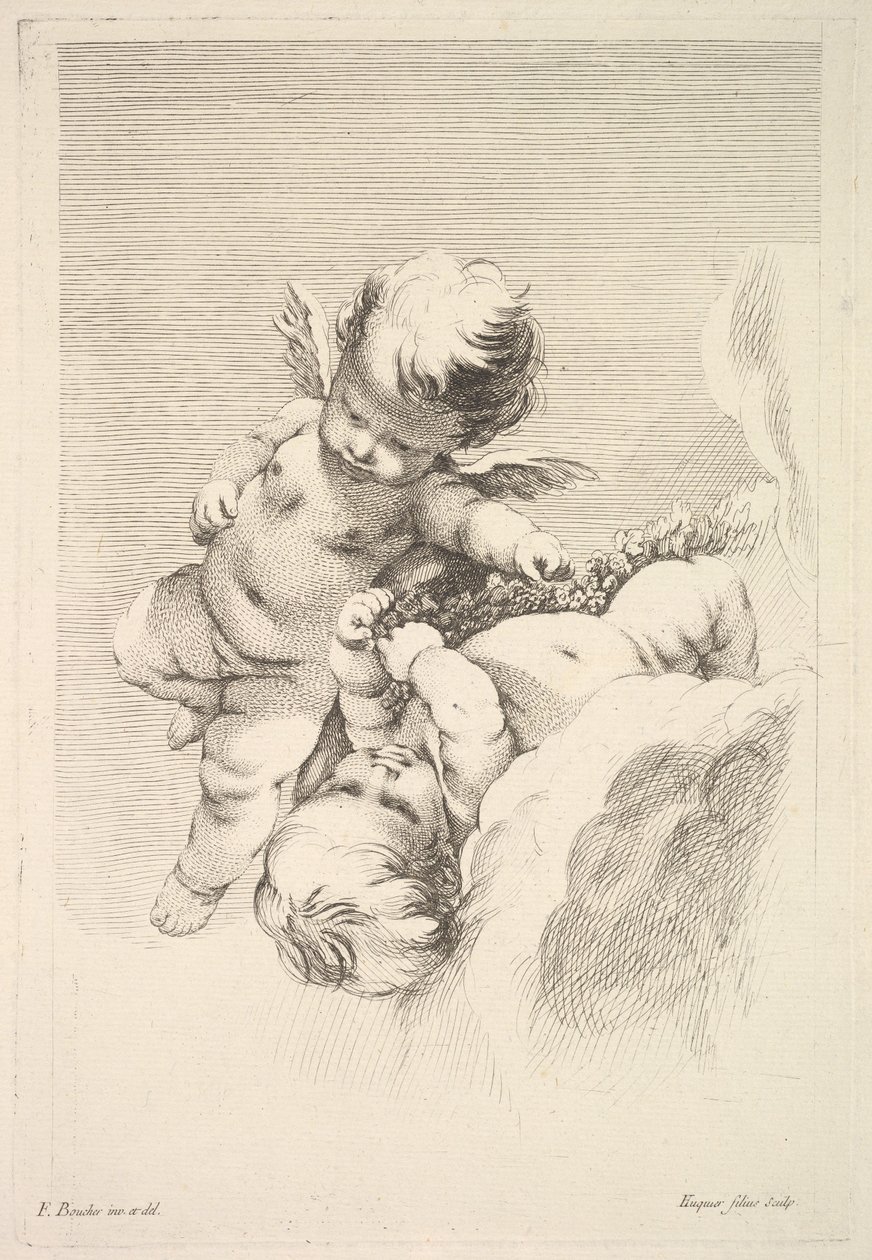Two Cupids, One Holding a Wreath, mitten till slutet av 1700-talet. av Jacques Gabriel Huquier