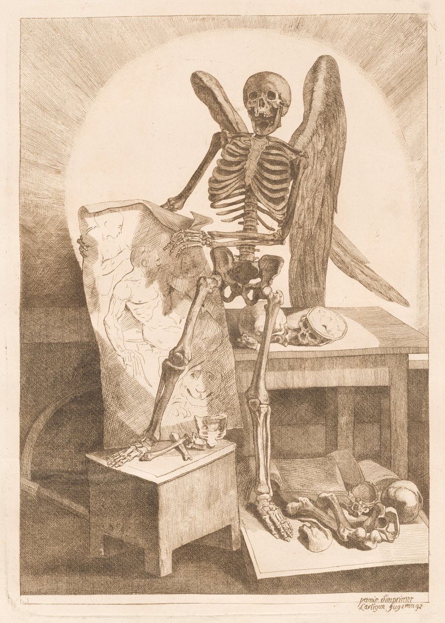 Ett bevingat skelett som håller en anatomisk teckning av Jacques Gamelin