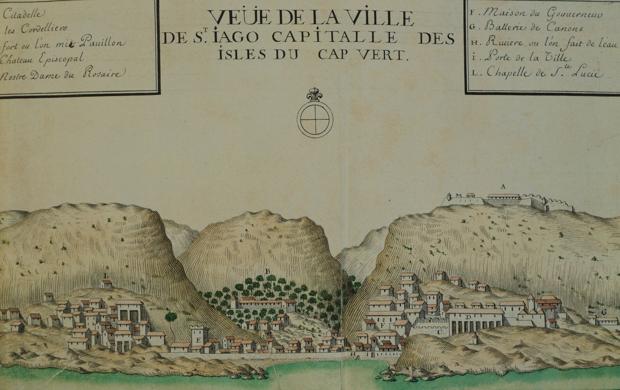 Staden Saint Jago (Santiago) på Kap Verde, akvarell från loggboken som fördes av Jacques Gouin de Beauchesne, fartygets kapten i Söderhavet från 1698 till 1701. av Jacques Gouin de Beauchesne