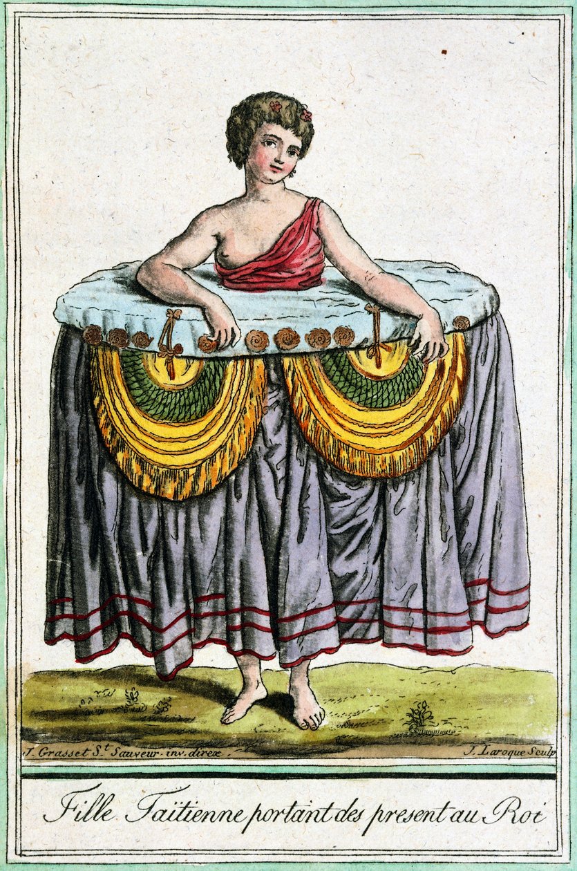 Ung kvinna erbjuder gåvor till kungen, Tahiti, Society Islands, gravyr från Encyclopedia of voyages, av Jacques Grasset de Saint-Sauveur (1757-1810) av Jacques Grasset de Saint Sauveur