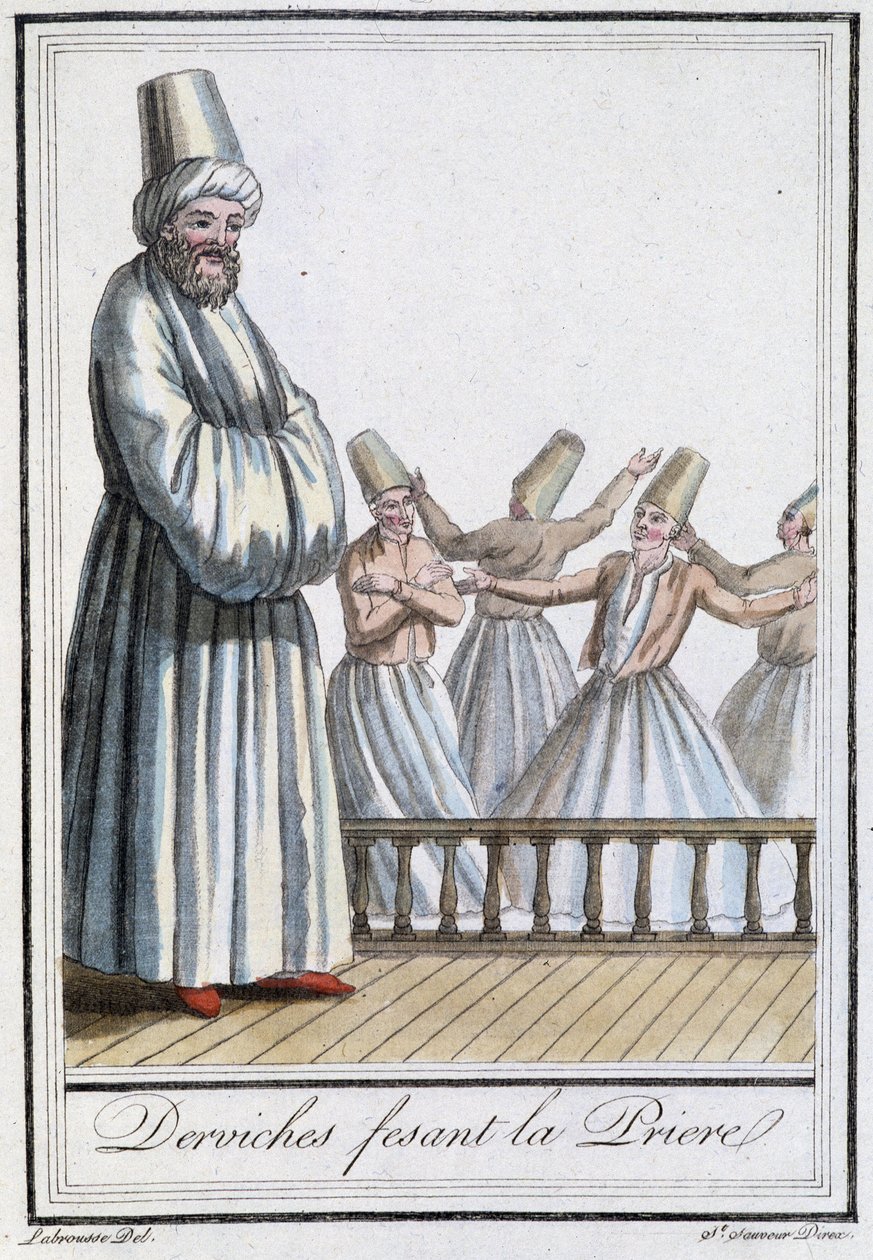 Dervishes praying (Whirling Dervishes) - i "" Encyclopédie des voyages"" av Grasset Saint Sauveur, red. Paris 1796 av Jacques Grasset de Saint Sauveur