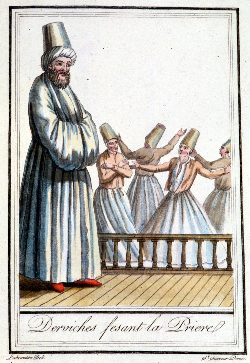 Dervishes praying (Whirling Dervishes) - i "" Encyclopédie des voyages"" av Grasset Saint Sauveur, red. Paris 1796 av Jacques Grasset de Saint Sauveur