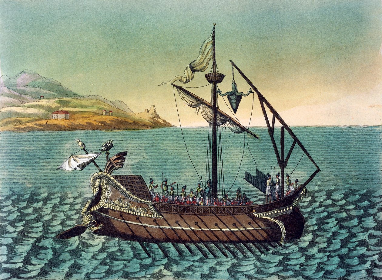 Duilius Corvus (bordningsanordning) på romersk galär, av Jacques Grasset de Saint-Sauveur (1757-1810), gravyr från det antika Rom. av Jacques Grasset de Saint Sauveur