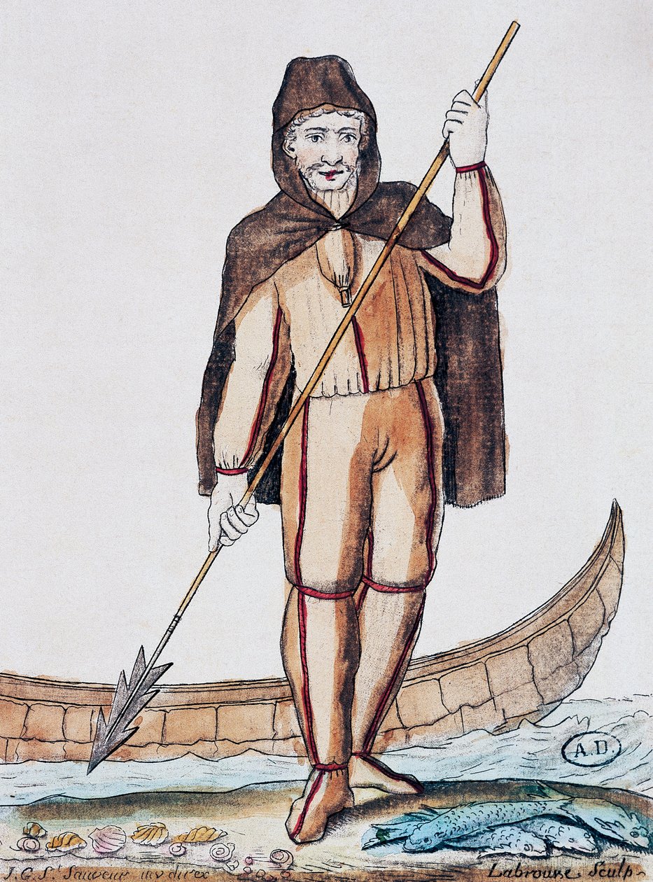 Fiskedräkt, färgstick från teckning av Labrousse (aktiv 1796), från Encyclopedie des Voyages, av Jacques Grasset de Saint-Sauveur (1757-1810) av Jacques Grasset de Saint Sauveur