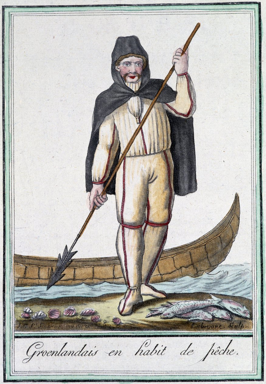 Grönländare i fiskeredskap - i "" Encyclopédie des voyages"" av Grasset Saint Sauveur, red. Paris 1796 av Jacques Grasset de Saint Sauveur