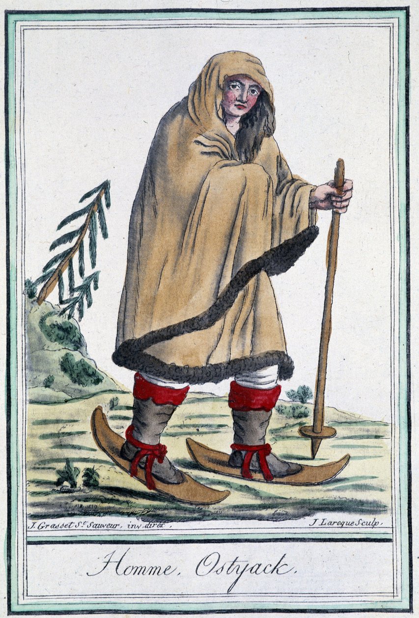 Ostyackman på skidor - i "" Encyclopédie des voyages"" av Grasset Saint Sauveur, red. Paris 1796 av Jacques Grasset de Saint Sauveur