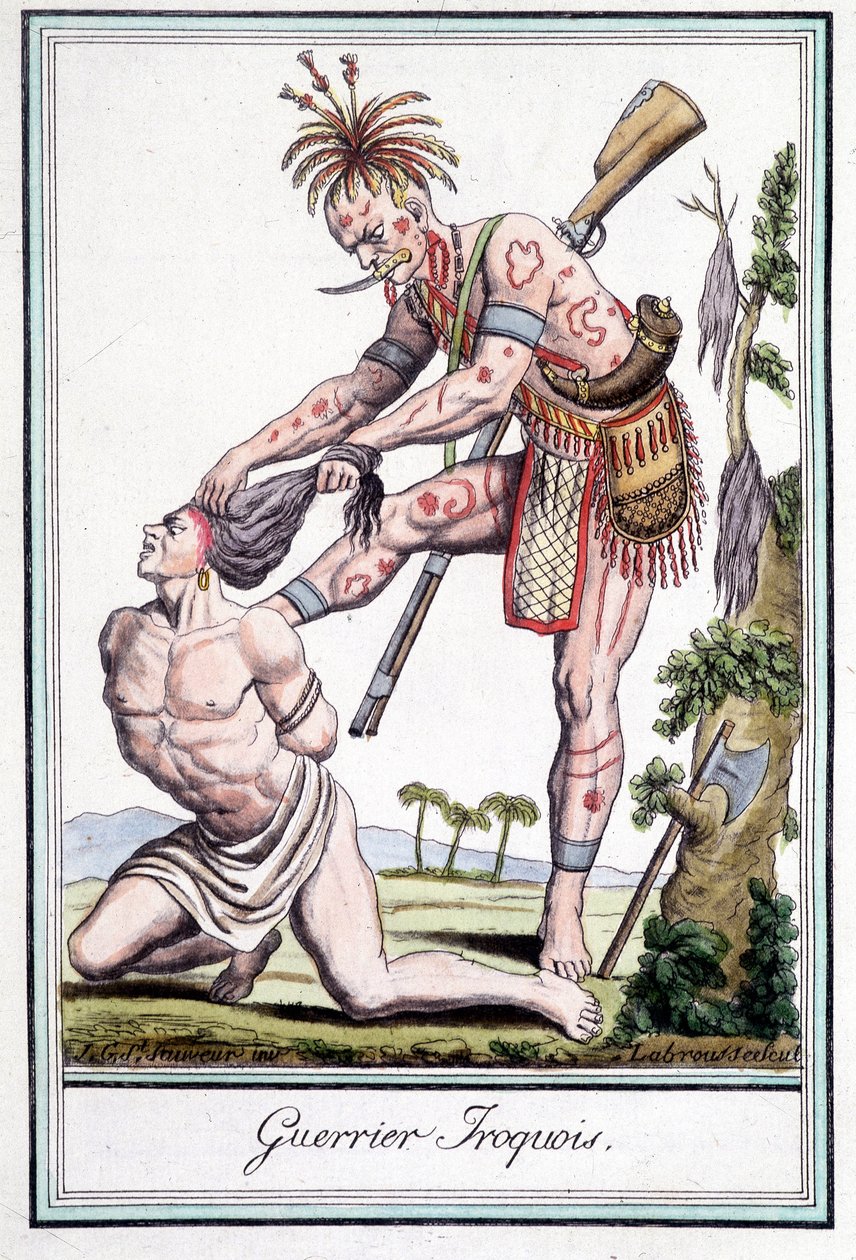 Iroquois krigare skalperar sin fiende - i "" Encyclopedia of travels"" av Grasset St Sauveur, Paris av Jacques Grasset de Saint Sauveur